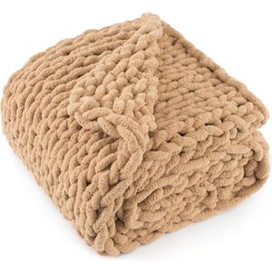 Chunky Knit Throw Blanket 50"X 60", 100% Handmade with Soft Chenille Yarn, 4.4lbs Thick Cable Knitted Blankets, Large Rope Knot Crochet Throws for Couch Sofa Bed Home Decor, Tan Brown