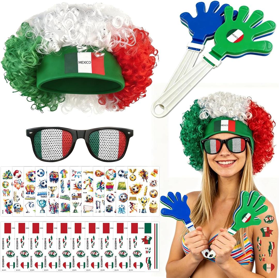 2026 Soccer Patriotic Set, Mexico Flag Color Wig, Party Glasses, 2Pcs Hand Clappers, 22Pcs Waterproof Stickers, Ideal Gift for Football Lovers and Mexico Fans