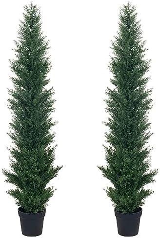 HAIHONG 2 Packs 5ft Artificial Cedar Topiary Trees - Fake Boxwood Topiary Cypress Trees Potted Plants, Artificial Plants Shrubs for Home Indoor Outdoor Garden Porch Decor