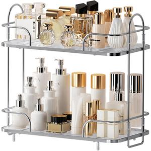 2 Tier Corner Bathroom Counter Organizer, Cosmetic Skincare Bathroom Countertop Perfume Tray Vanity, Kitchen Spice Corner Storage Shelf (Silver)