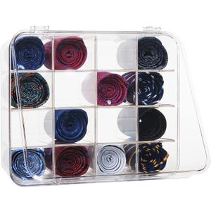 HUHYNN Tie Rack Organizer, Clear Tie Organizer Box, Acrylic Tie Display Rack for 16 Ties Storage, Tie Box Organizer for Men Tie Holder (Transparent)