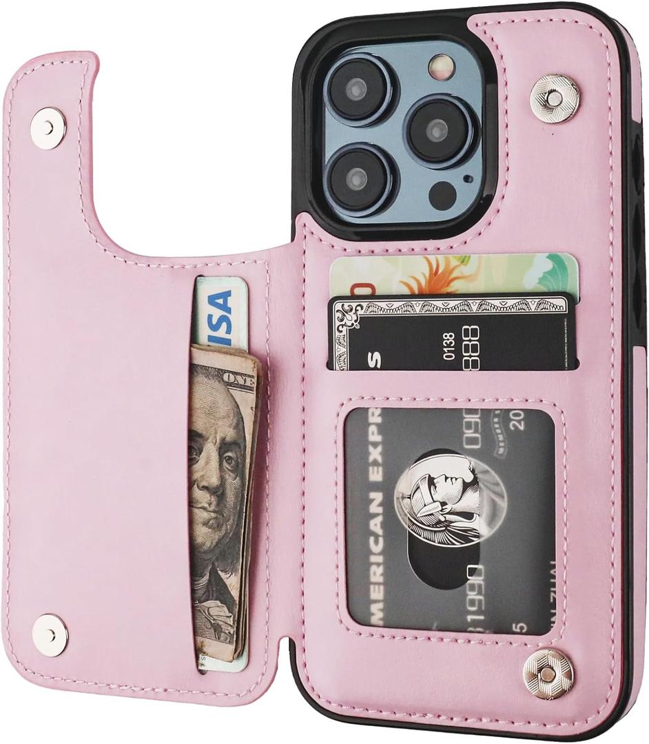 ONETOP Compatible with iPhone 15 Pro Wallet Case with Card Holder, PU Leather Kickstand Card Slots Case, Double Magnetic Clasp and Durable Shockproof Cover 6.1 Inch (Pink)