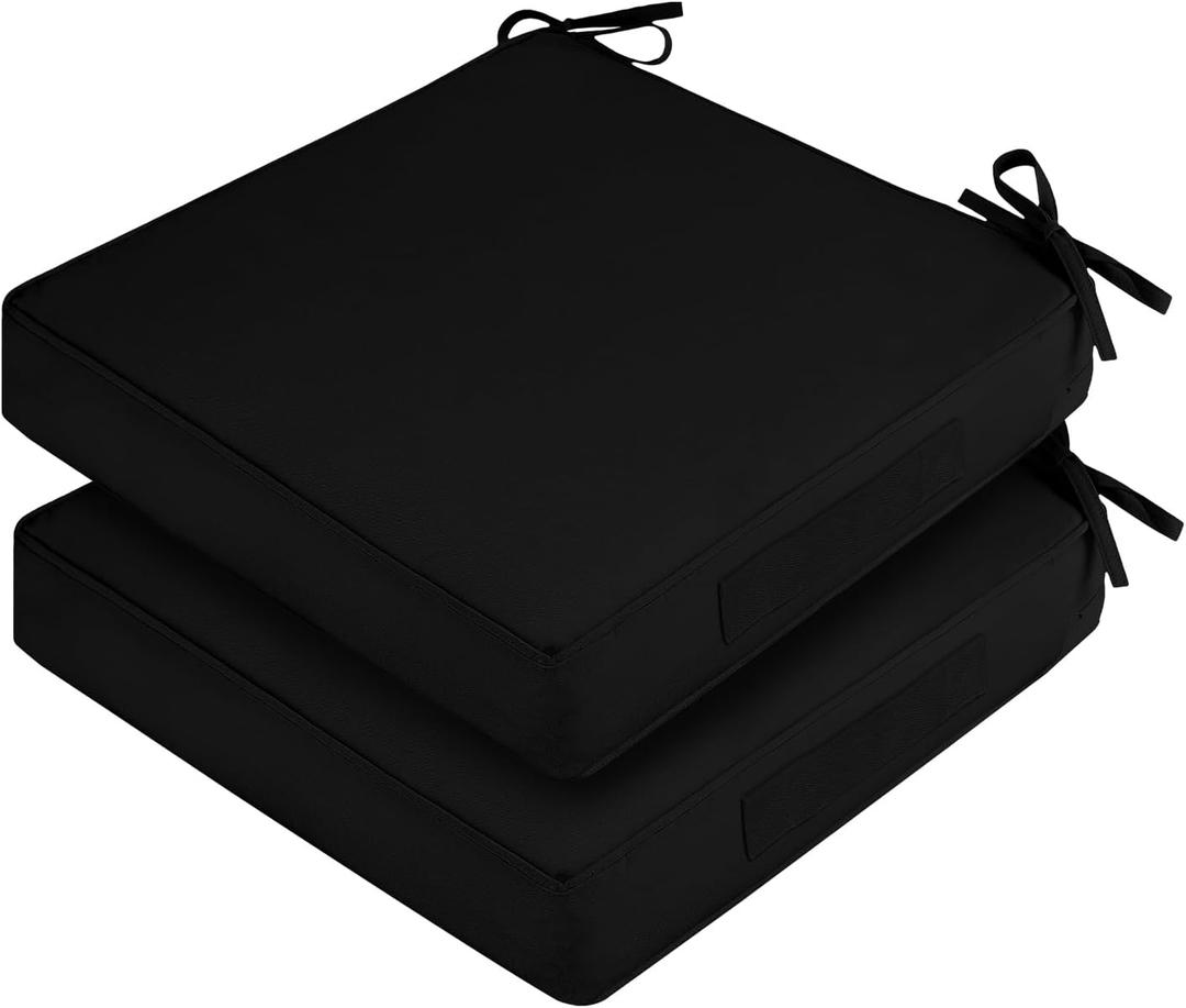 Waterproof Outdoor Chair Cushions Set of 2, Square Outdoor Seat Cushions with Ties and Removable Covers, 19 x 19 Outdoor Cushions for Patio Furniture with Portable Handle(Black)