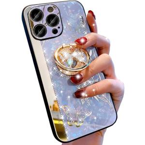 for iPhone 16 Pro Max Glitter Kickstand Case, Cute Bling Marble Conch Floral Butterfly Ring Stand Mirror Elegant Shockproof Protective Cover for Girls Women for iPhone 16 Pro Max 6.9",Purple