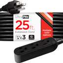 UltraPro 25 Ft Outdoor Extension Cord 3 Outlet Extension Cords Outlet Power Strip Long Extension Cord with Multiple Outlets Grounded Heavy Duty Extension Cord 16 Gauge UL Listed Black 36825-T1