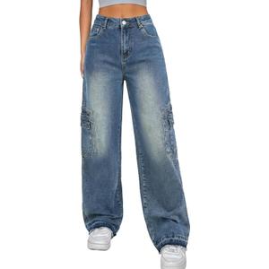 EMMIOL Cargo Pants Women Stretchy Wide Leg Baggy Jeans with Pockets Casual Trousers Y2K Vintage Streetwear Trendy 2026 (10, Mid Blue01)