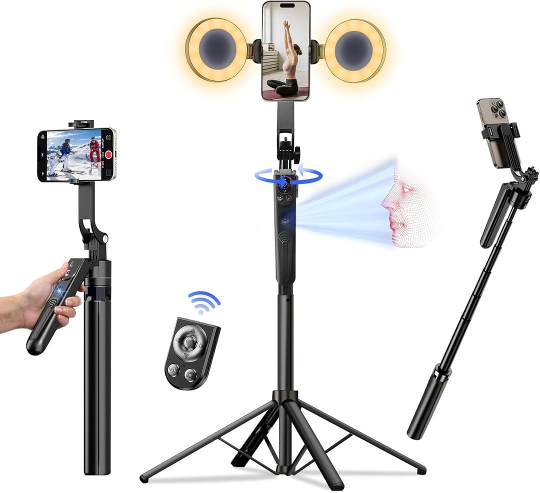 Auto Face Tracking Tripod for iPhone with Light, No APP Needed 70.9" Phone Camera Tripod Stand 360 Rotation Selfie Stick Follows Your Movement with Remote for Content Creator Vlog Live Stream