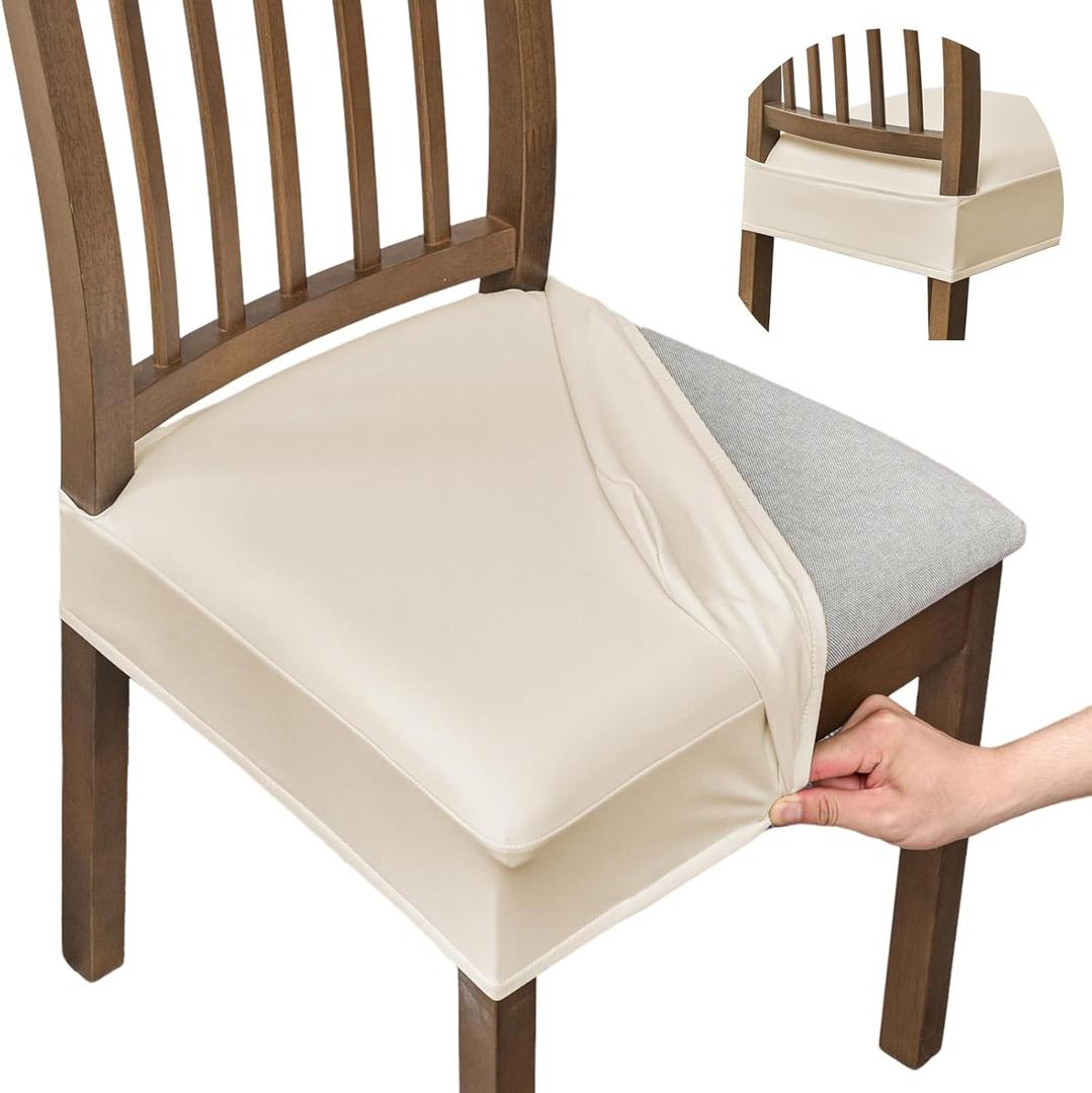 FUANGUI Dining Chair Covers Set of 6, Waterproof PU Leather Stretch Chair Seat Slipcovers Soft Removable Washable Chair Covers, Kitchen Chair Seat Covers Protectors Dining Room, White