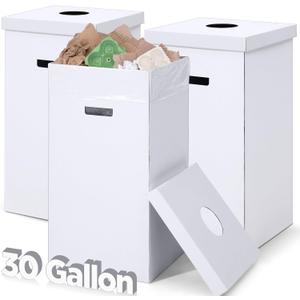 3 Pcs Cardboard Trash Cans with Lid Disposable and Reusable Corrugated Cardboard Trash Cans Recycling Bins Bulk with 6 Garbage Bags White Rubbish Boxes for Parties Events(30 Gallon)