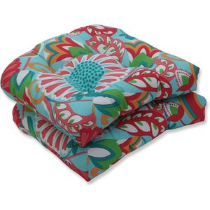 Pillow Perfect Bright Floral Indoor/Outdoor Chair Seat Cushion Tufted, Weather, and Fade Resistant, 19" x 19", Green/Pink Sophia 2 Count