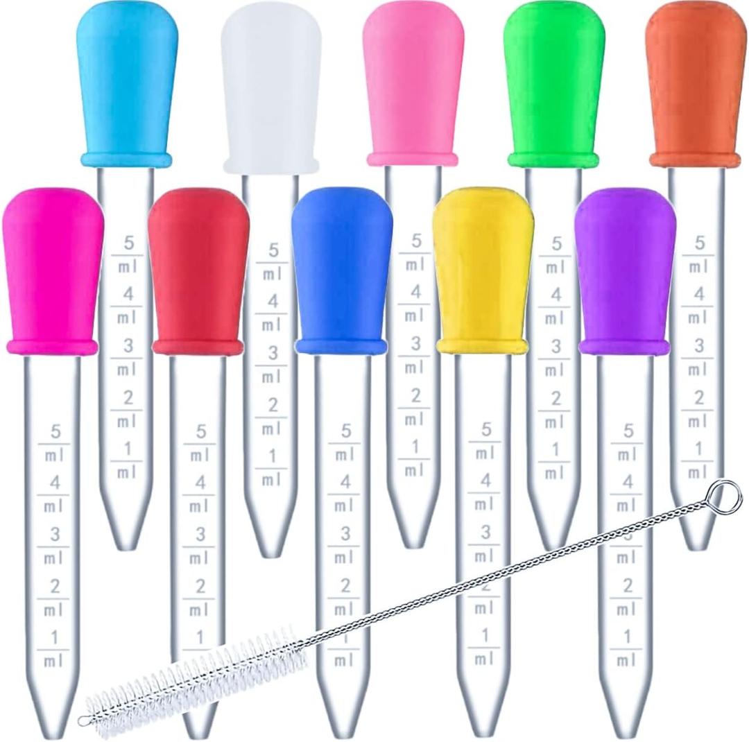 HiMo 10 Pack Liquid Pipettes Droppers Silicone 5ml Clear Medicine Eye Dropper for Kids with Bulb Tip & Clean Brush for Candy Mold, Gummy Bear, Gelatin Maker, Oil Science, Crafts Projects (10 Colors)