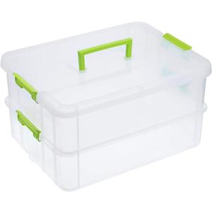 JUXYES 2-Tiers Stack Carry Storage Box With Handle, Transparent Stackable Storage Bin With Handle Lid Latching Storage Container for School & Office Supplies (Green)