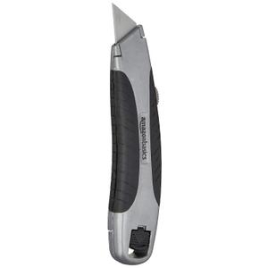 Amazon Basics Soft Grip Retractable Utility Knife with 3 Blades, Black/Silver
