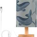 Starfish Gray Whale Table Lamp Bedside Lamps with USB Port,Wood Base Round Flaxen Fabric Shade for Bedroom (Multi-t2)