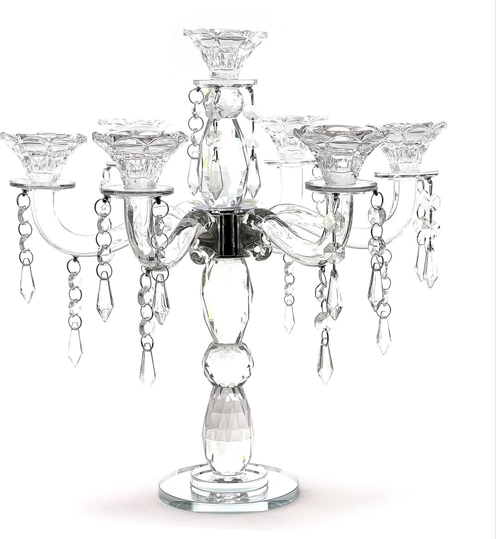 allgala Crystal Candle Holder - 7-Arm 14 Inch Crystal Taper Candlestick Candelabra - Centerpiece for Home Wedding Event and Party Festival