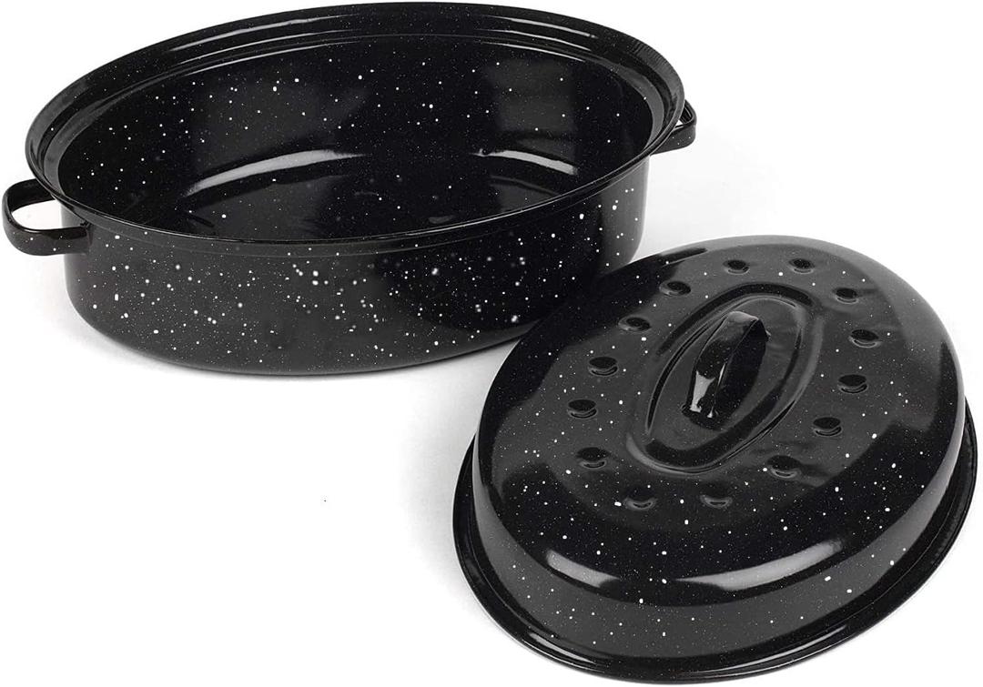 16 Inch Roasting Pan with Lid  Covered Oval Roaster  Enamel Carbon Steel Roaster Pot  Excellent Heat Distribution and Nonsticky  for Turkey Chicken Meat & Vegetables Birthday and Holiday gifts