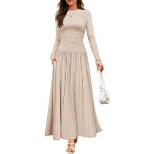 ZESICA Women's Long Sleeve Fall Maxi Dress 2026 Crewneck Knit Casual Slim Swing Pleated Dresses with Pockets
