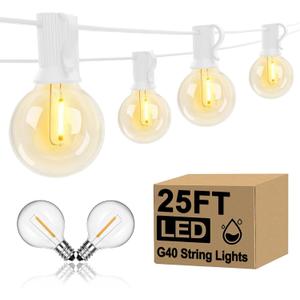 25Ft LED Outdoor String Lights, G40 Globe Patio String Lights Waterproof with 27 Shatterproof Bulbs(2 Spare), Connectable Hanging Outdoor Lights for Backyard Garden Bistro Wedding Party Decor, White