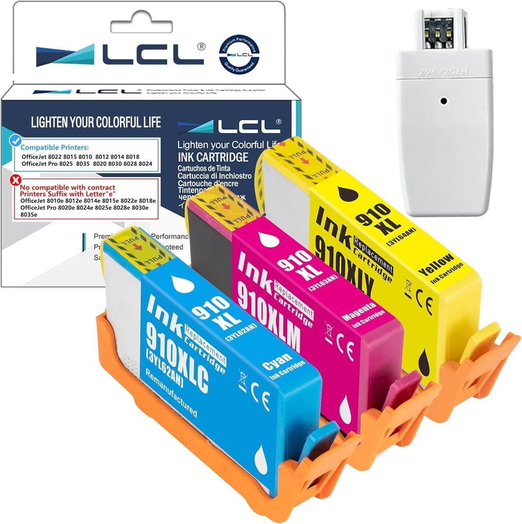 LCL 910XL Cyan Magenta Yellow Ink Cartridges Pigment Replacement for HP 910 XL Ink for HP OfficeJet Pro 8025 8035 8020 8028 8024 and for OfficeJet 8022 8015 8010 8012 8014 8018 Printers