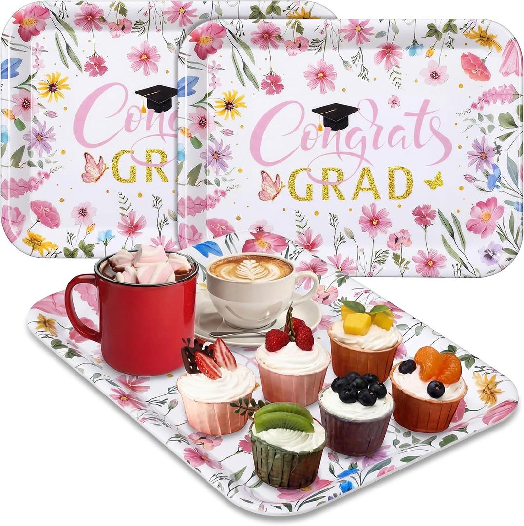 Vesici 3 Pcs Pink Wildflower Graduation Serving Trays 13 x 10 Inch Floral Class of 2026 Congrats Grad Melamine Platters Reusable Rectangular Serving Dishes for Food Snack Fruit 2026 Grad Party Decor