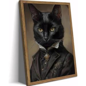 Framed Black Cat Canvas Wall Art, Gothic & Dark Academia Home Decor, Cat Lover Poster for Bathroom, Bedroom, and Apartment ​​Perfect Gift for Halloween & Cat Enthusiasts Wooden 16x12 Inch