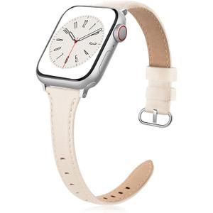 Slim Leather Band Compatible for Apple Watch 38mm 40mm 41mm 42mm Series 10, Slim Thin Elegant Top Grain Genuine Leather Strap Compatible for iWatch Series 10 9 8 7 6 5 4 3 2 1 SE Women (PealWhite)