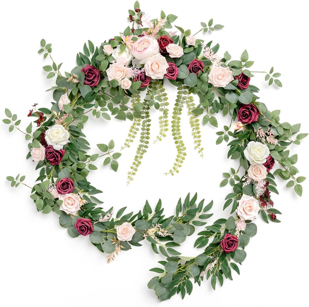 Ling's moment 9FT Spring Flower Garland  Wedding Arch Flowers, Eucalyptus & Rose, Artificial Floral Garland for Mantle  Sweetheart Table Decor for Reception, Backdrop Decorations, Marsala