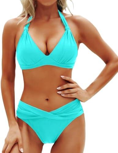 Yonique Women Two Piece Bathing Suits Push Up Bikini Set Halter Swimsuit Vintage Swimwear, XL , Aqua Green 
