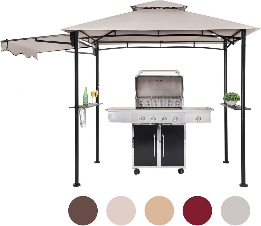 FAB BASED 5x8 Grill Gazebo with Extra Awning, All-Weather Steel Construction, Double Tiered & Resistant Canopy Roof, Metal Serving Shelves, 2 LED, Bottle Opener for Patio, Backyard, BBQ (Light Gray)
