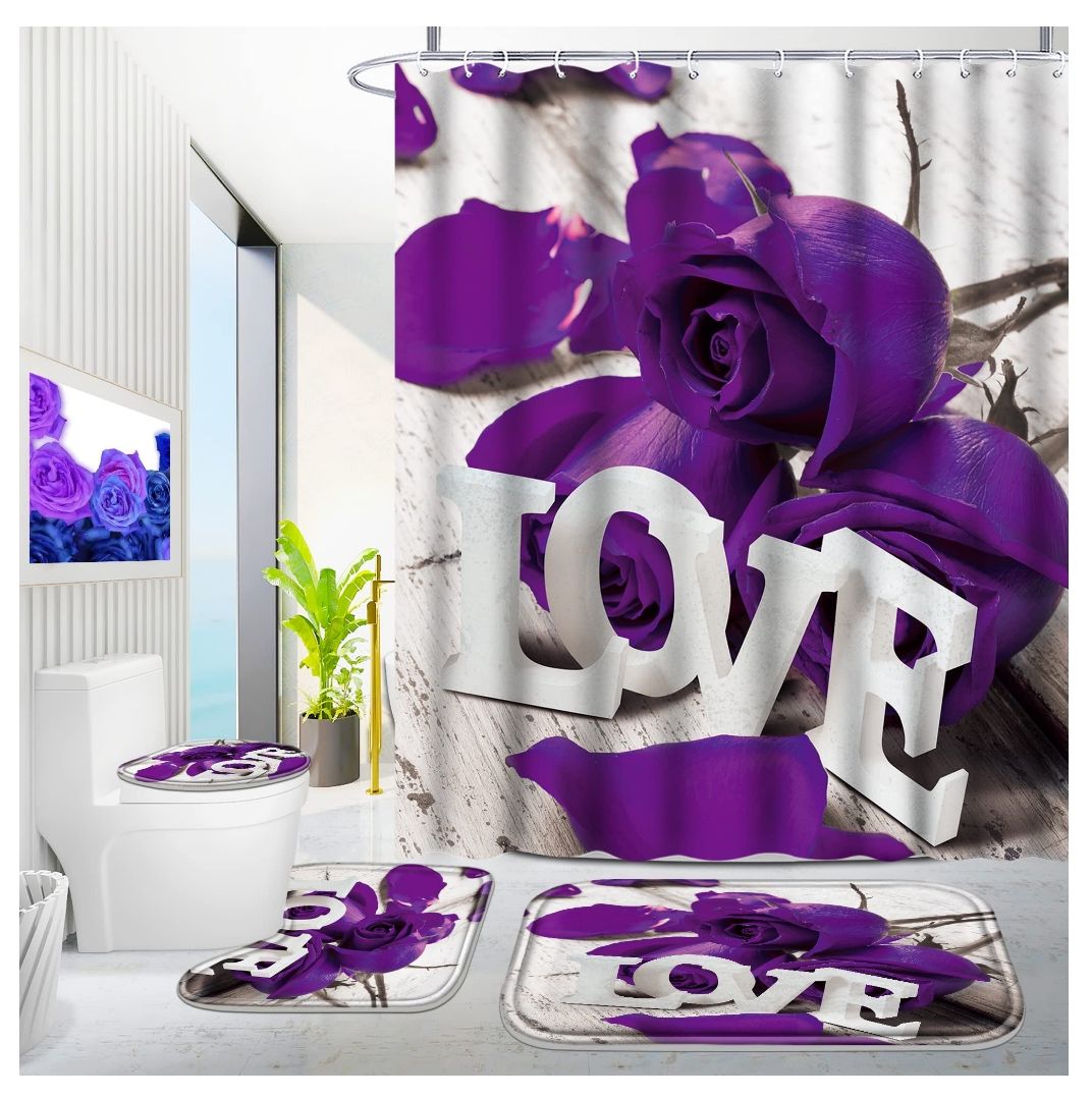 Poedist 4 Pcs Bathroom Shower Curtain Set, Purple Rose Shower Curtain Valentine's Day Shower Curtain Sets with Rugs(Bath Mat,U Shape and Toilet Lid Cover Mat) and 12 Hooks