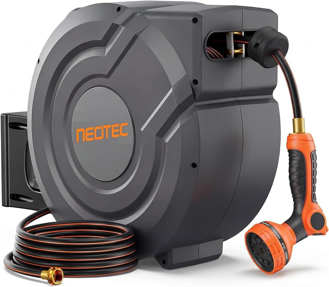 Retractable Garden Hose Reel 90 ft x 5/8 inch Automatic Slow Return 9 Sprayer Nozzle Any Length Lock Heavy Duty Wall-Mounted Hose Reels for Outside 180 Swivel UV Resistant