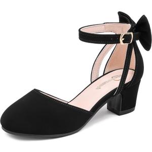 Girls Heels Dress Shoes Flower Girl Pumps with Cute Bow Closed Toe High Heels Adjustable Buckles Wedding Party (13 Little Kid, Black)
