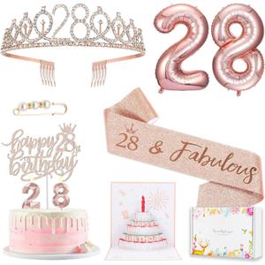 28th Birthday Decorations for Her Women, Including 28 year old Birthday Cake Topper, Birthday Queen Sash with Pearl Pin, Sweet Rhinestone Tiara Crown, Number Candles and Balloons Set, Rose Gold