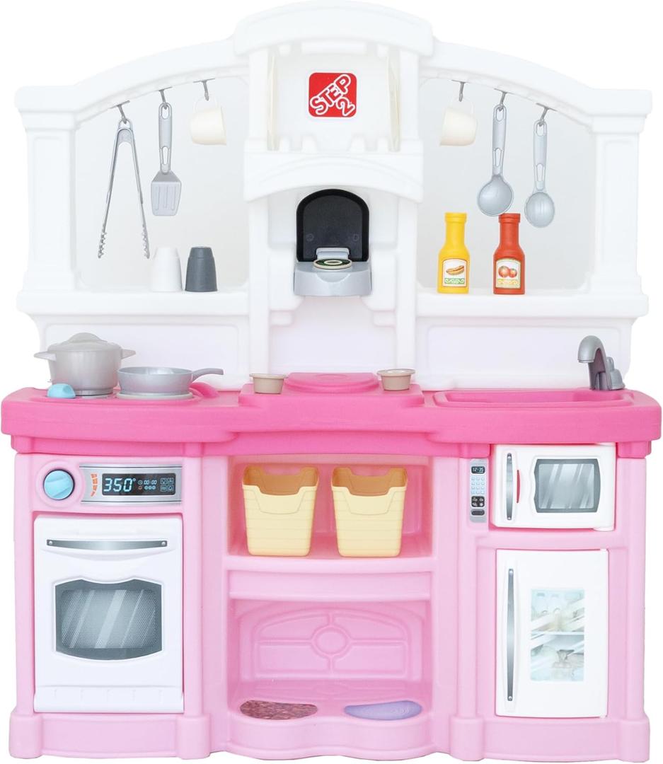 Step2 Fun with Friends Kids Kitchen Playset, Indoor/Outdoor Kitchenette, Interactive Play with Lights and Sounds, Durable Plastic, Includes 25 Piece Toy Accessories, Toddlers 2+ Years Old, Pink, Large