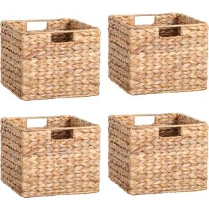 12X12X10in Water Hyacinth Storage Baskets, Wicker Storage Cubes Set of 4, Foldable Wicker Baskets for Pantry Organization, Square Baskets for Shelves