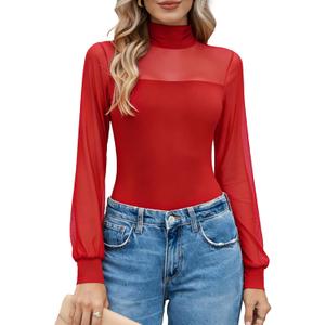 Avidlove Long Sleeve Body Suits Womens Mesh Turtleneck Bodysuit Thong Dressy Going Out Bodysuits Top Fall Outfits (Small, Red)