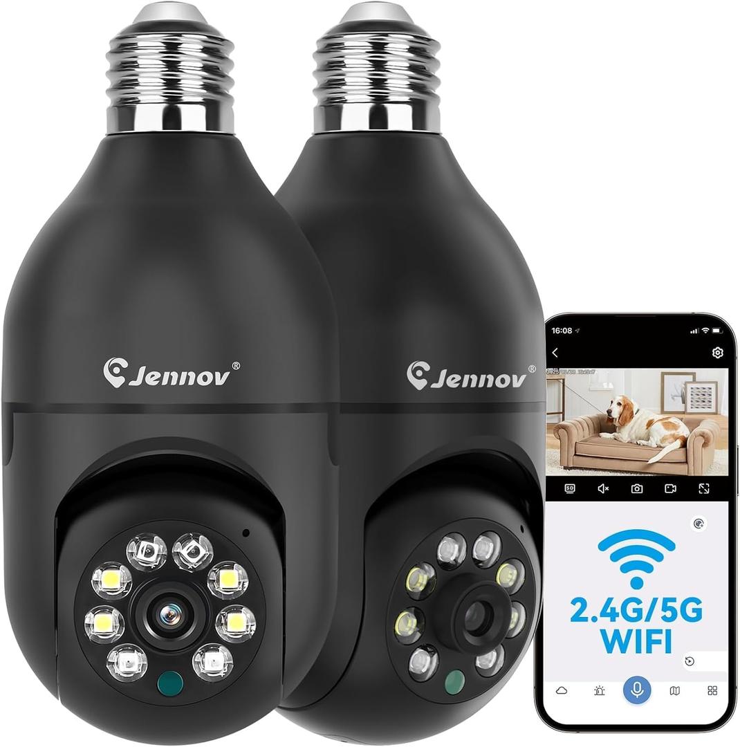 Jennov 2K Light Bulb Security Camera Wireless Outdoor, Indoor Light Socket Cameras for Home Security, Human Detection, 355, Color Night Vision, 5G/2.4G WiFi, Screw in, Compatible with Alexa (Black)