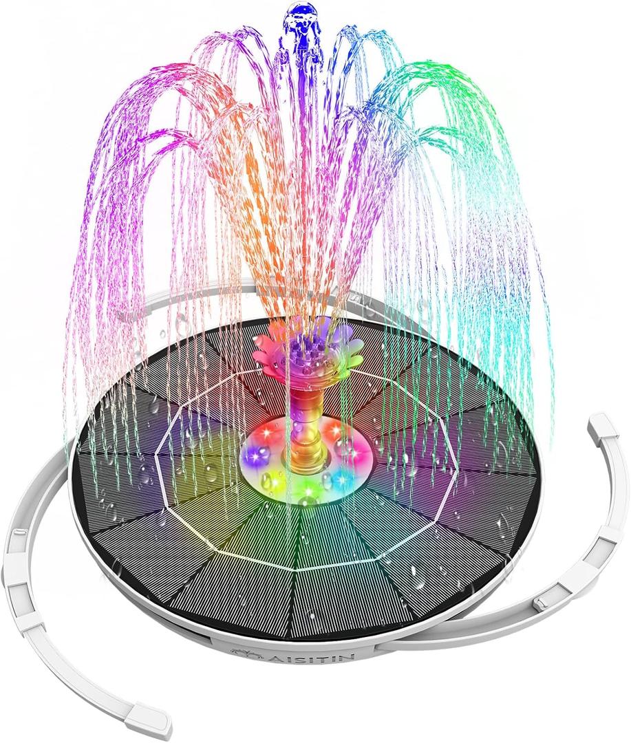 AISITIN 6.5W Solar Fountain for Bird Bath with 3000mAh Battery & Color Changing LED Light, 3 Anti-Drift Fixed Bracket & 8 Nozzles, Solar Water Fountain for Bird Bath, Garden, Pond, Patio, Courtyard