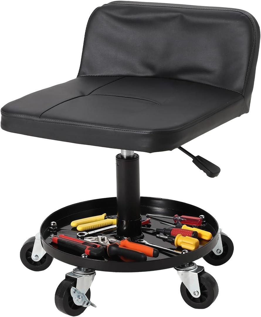 Rolling Shop Stool w/ 3" Locking Swivel Wheels, 300LB Capacity, 18"-22" Height Adjustable with Soft Cushion & Tool Tray, Telescoping Mechanic Seat for Garage, Auto Repair, Heavy-Duty, Black