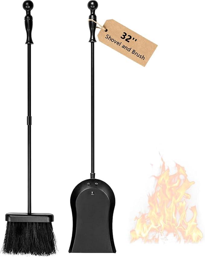 AMAGABELI Metal Fireplace Ash Shovel and Brush Set Accessories 32'' Rust Resistant with Smooth Long Handle Coal Shovel Hearth Broom Fire Place Tools Set Indoor Outdoor for Wood Stove Fire Pit