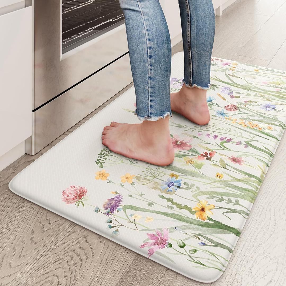 KIMODE Anti Fatigue Kitchen Mat 17.3"x29", Boho Floral Kitchen Floor Mats Non Slip, Waterproof Kitchen Mat for Floor, Padded Comfort Standing Mat for Laundry, Office, Sink, Desk White