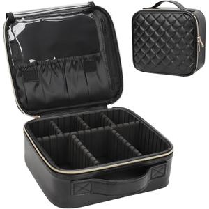 Relavel Makeup Bag, Travel Cosmetic Train Case Organizer Portable Artist Storage Bag with Adjustable Dividers for Cosmetics Makeup Brushes Toiletry Jewelry Digital Accessories Quilted Leather Black