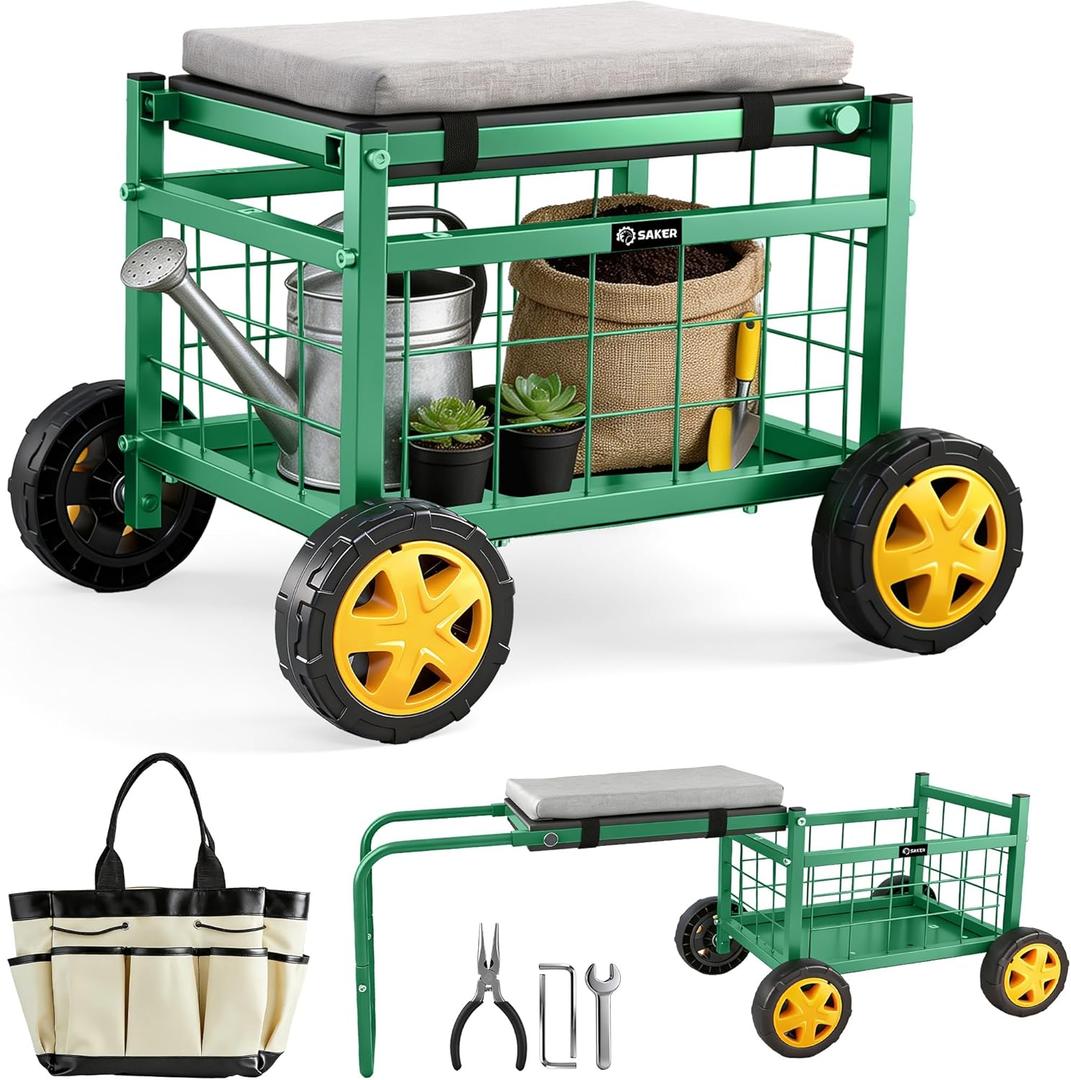 Saker Rolling Garden Cart with Seat & Wheels - 15.7'' EVA Padded Rolling Stool, 500 lb Steel Frame, Large Storage Basket - Garden Wagon Workseat for Patio Lawn Yard (Luxury Version)