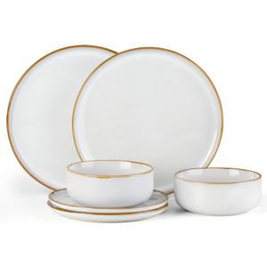 E-far Plates and Bowls Set for 2, 6-Piece Stoneware Dinnerware Sets, Ceramic Dinning Ware Reactive Glaze Dishes Set, Microwave & Dishwasher Safe - Seashell White