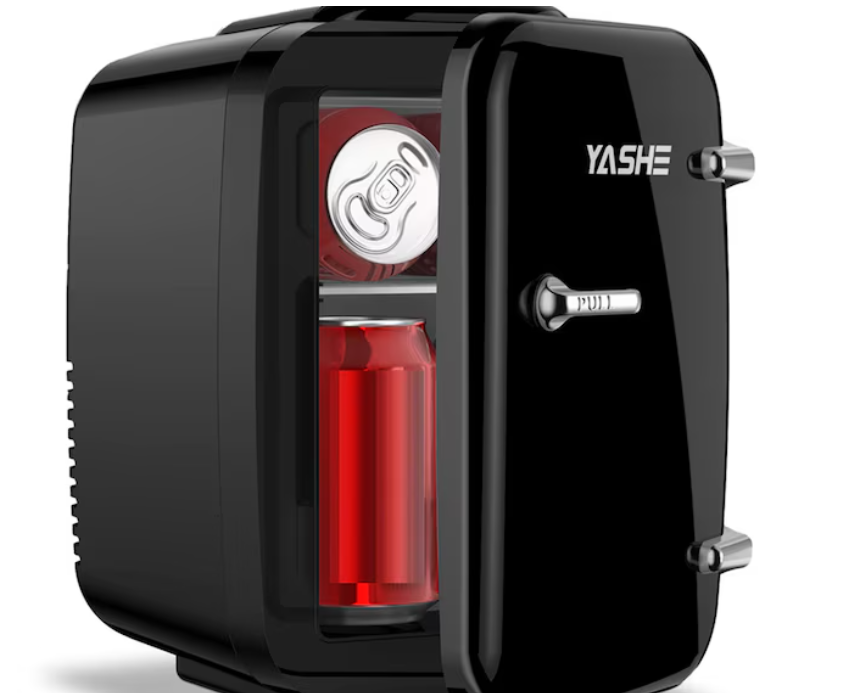 YASHE Mini Fridge 4 Liter 6 Cans Small Refrigerator for Skincare 110V AC 12V DC Thermoelectric Cooler and Warmer for Bedroom Office Dorm Car, Black 