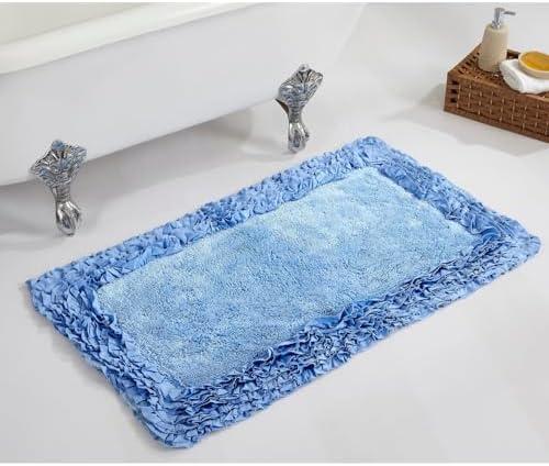 Better Trends Bathmat 100% Cotton Non-Slip Washable Rug Soft Tufted 24" x 40" Bath Mat Water Absorbent for Bathroom Floor Decor, Tub, Bedroom Kitchen Rugs Blue Shaggy Border Collection