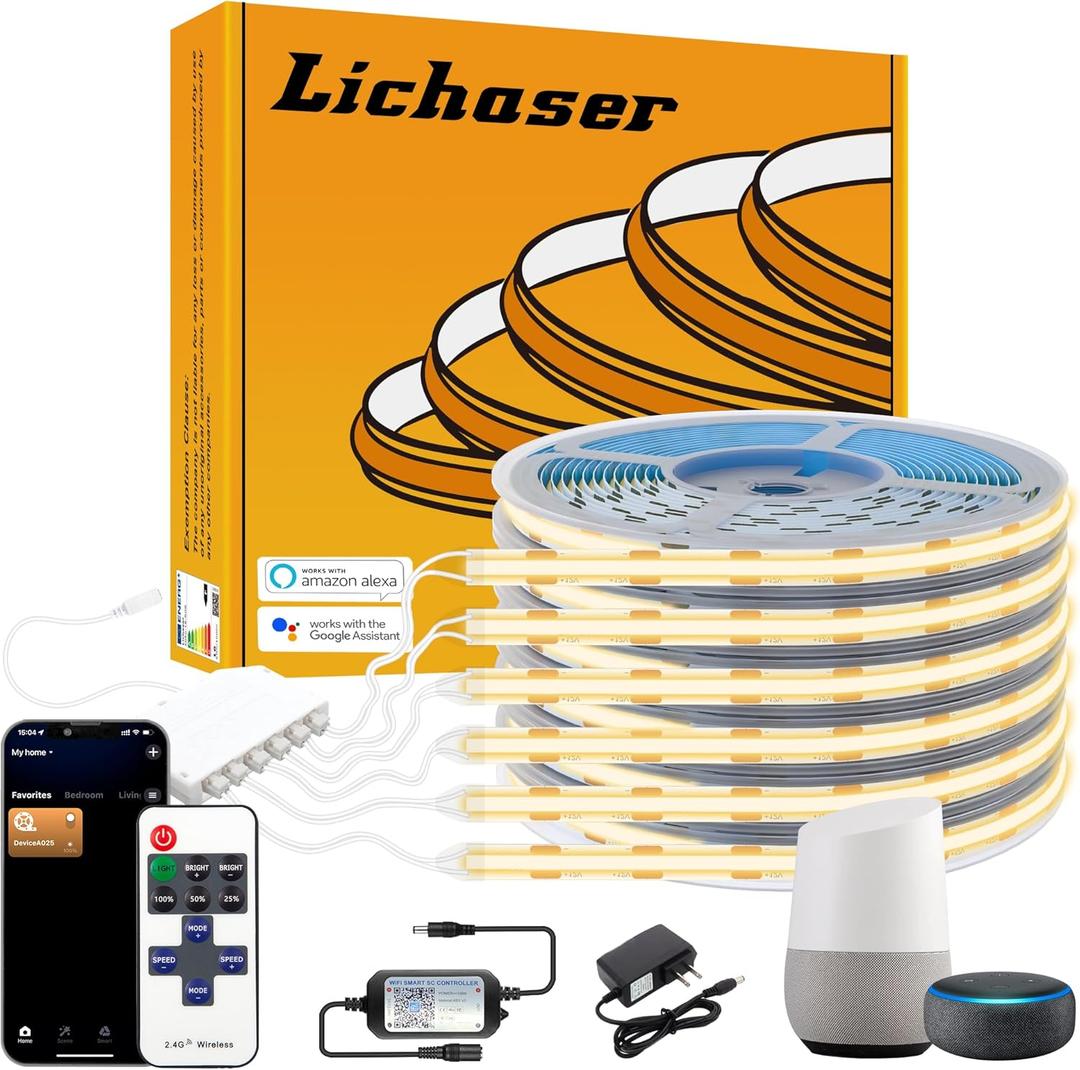 Lichaser 6 Rolls 3.28ft WiFi Flexible COB LED Lights for Wood Slat Wall Panels in Parallel, Acoustic Panel LED Strip Compatible with Alexa, 3000K Dimmable Strip for Acoustic Panels, Shelves Lighting