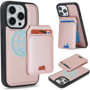 for iPhone 14 Pro Max Wallet Case magsafe Compatible with Card Holder for Women Men 2 in 1 Detachable Magnetic Shockproof Phone case Stand Leather Credit Card Slots-Rose Gold