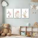Grengel Pink Girl Nursery Bunny Canvas Wall Art Cute Rabbit Wildflowers Painting Pictures Wall Decor Botanical watercolor Flower Poster printing artwork For Baby Boys and Girls Playroom paintings, 24x16