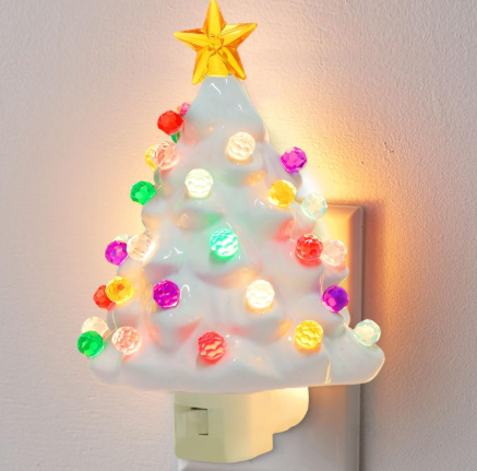 White Christmas Tree Night Light, Decorative Ceramic Xmas Tree Nightlight with Lamp for Kids, Multicolor Bulbs & 360 Degree Swivel Plug with On/Off Switch for Kitchen Bathroom Bedroom